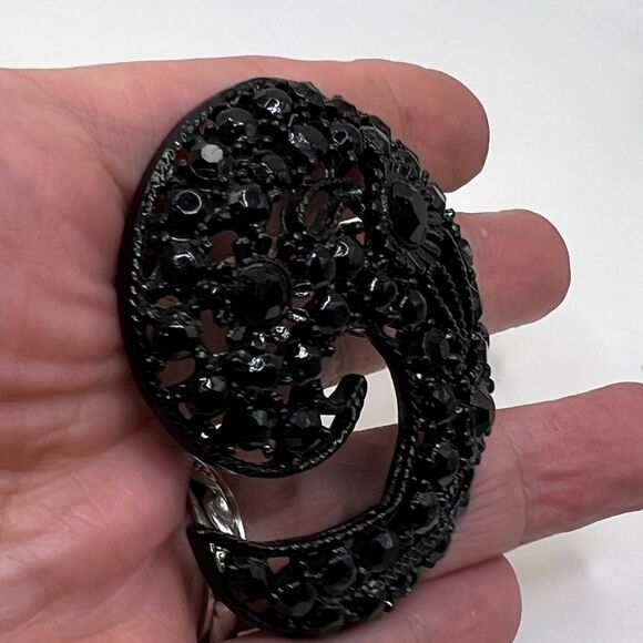 M JENT Vintage Jet Black Rhinestone Filigree PAISLEY BROOCH Costume Jewelry - Picture 6 of 10